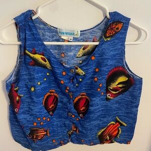 Vintage Blue Fish Print Crop Top